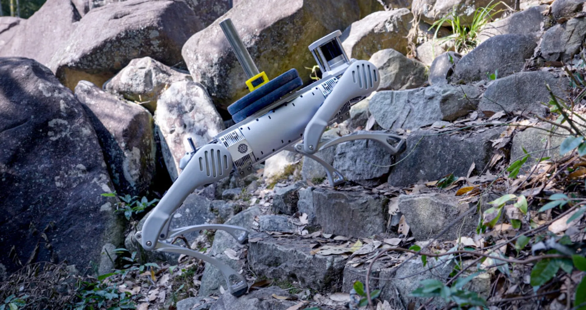 Unitree B2 quadruped traversing rugged terrain with equipment payload